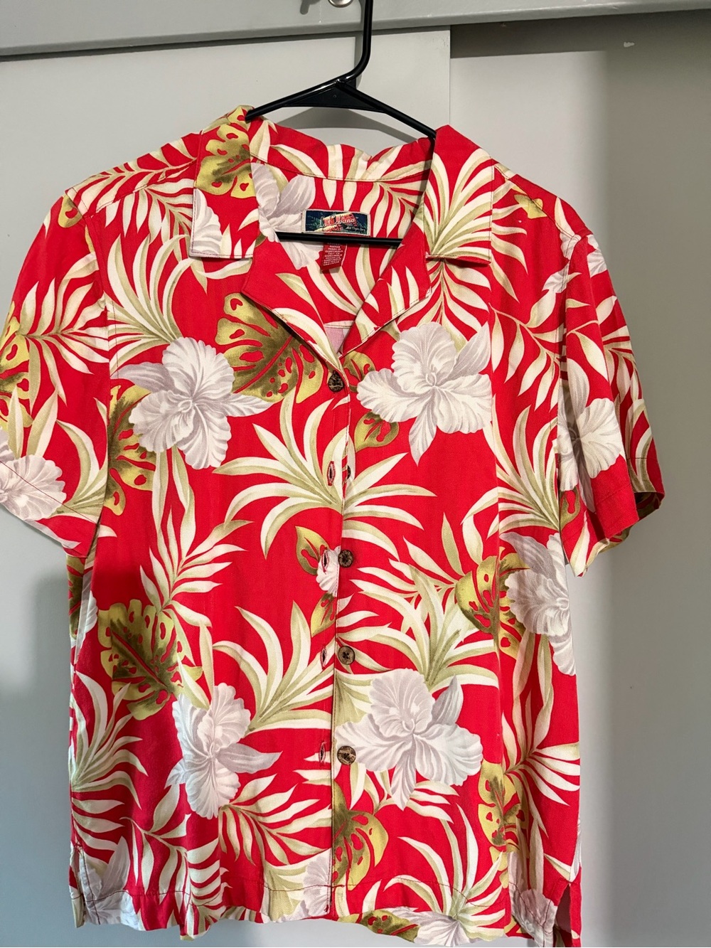 La Cabana Women's Red Tropical Button-Down Shirt with White Floral Print Hawaian
